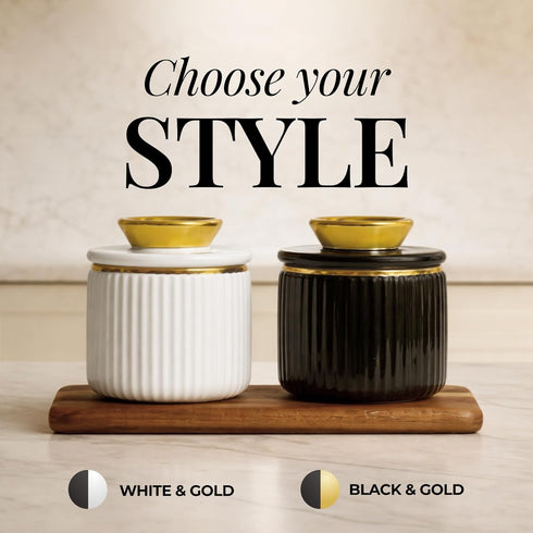 Countertop Counter Butter Crock with Lid for Black and Gold Ceramic French Butter Dish for Soft Butter, Airtight Water