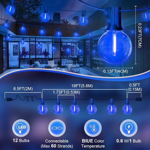 26FT 12+1 Bulbs, LAMPHOME Blue LED Outdoor String Lights, Patio Lights with Shatterproof Edison UL Waterproof