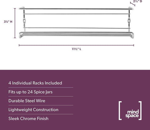 Mindspace Spice Rack Wall Mount, Set of 4 Hanging Spice & Seasoning Racks, Kitchen Storage Organizer, Chrome