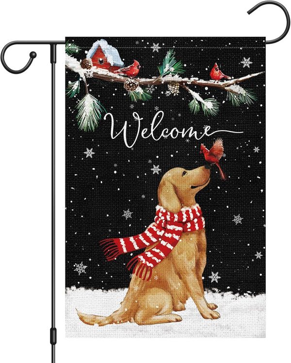 Welcome Winter Garden Flag 12x18 Inch Double Sided Burlap Golden Retriever Cardinal Yard Flags for Seasonal Christmas
