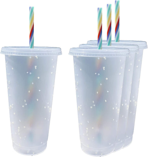 Generic 24 oz Reusable Color Changing Rainbow Cup, with Rainbow Straw and Lid, 4 Pack, Multicolor