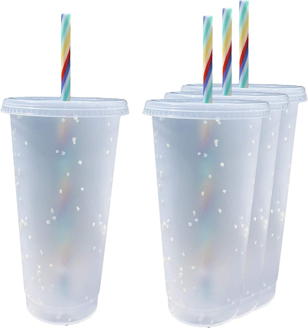 Generic 24 oz Reusable Color Changing Rainbow Cup, with Rainbow Straw and Lid, 4 Pack, Multicolor