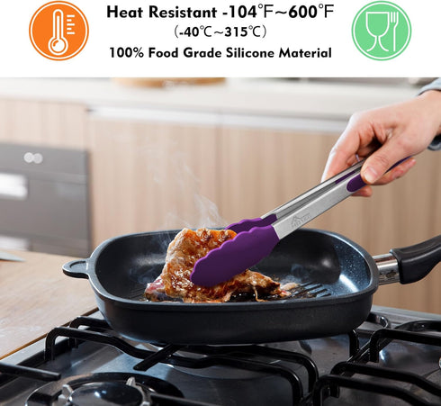 HOTEC Premium Stainless Steel Locking Kitchen Tongs, Set of 3 - 7", 9" and 12" (Purple)