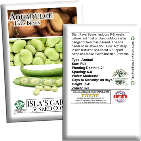 25 Aquadulce Fava Bean Seeds (Vicia faba) Non-GMO Heirloom Seeds by Islas Garden Seeds, Cold-Hardy Broad Bean for Fall