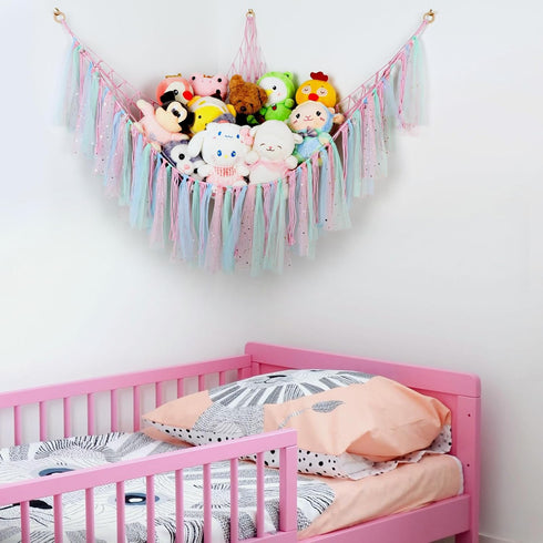 Hammock 59 Inch Stuffed Animal with LED Lights - Large Toy Storage Net for Kids Bedroom, Wall-Mounted Plush Organizer