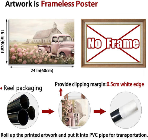 BACKYMRJCART Farmhouse Truck Canvas Wall Art, Vintage Landscape Art Prints with Pink Flowers, No Frame