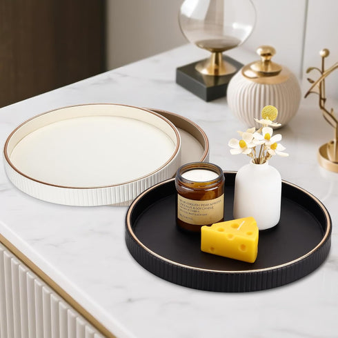 KINGFOM Round Decorative Tray for Coffee Table, PU Leather Valet Nightstand Desk Organizer for Men Women, Golden Trim