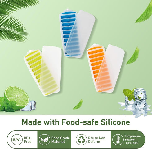 Water Bottle Silicone Ice Cube Tray by Lily's Home - 3-Piece Quick-Freeze Set Makes 30 Ice Cubes with Lids