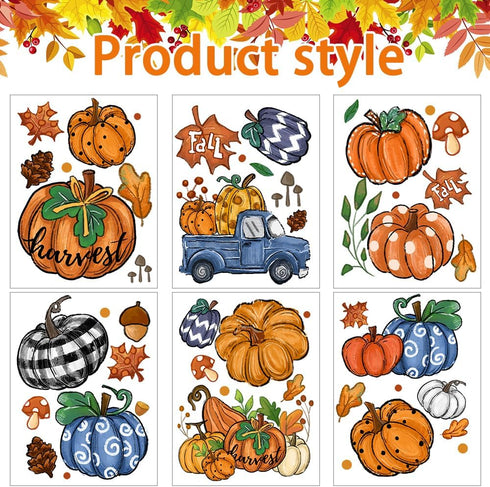 6 Sheets Fall Window Clings, Double-Sided Window Stickers with Orange Maple Leaves Pumpkins for Thanksgiving Home
