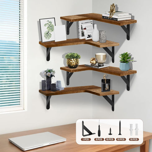 Gabotrie Set 4,L-Shaped Corner Floating Shelves of Wall Mounted Shelf,Rustic Wood Corner Shelvesfor Wall Storage
