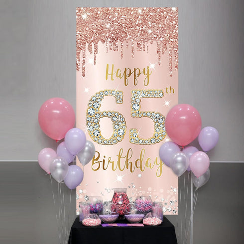 65th Birthday Decorations Door Banner for Women, Pink Rose Gold Happy 65 Birthday Backdrop Party Supplies