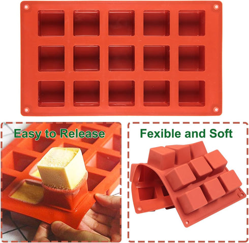 Square Silicone Mold, 2 Pack 15 Cavity Cube Mousse Cake Baking Molds for Soap, Candy Chocolate Cubes & Ice Cream