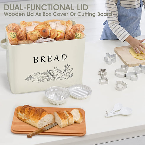 13.1 7.2 9.7 Countertop, TeamFar Bread Box with Wooden Lid, x x Bread Container Storage Holder for Family Farmhouse
