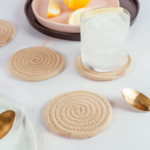 Set 6, OrganiHaus Drink Coasters of Absorbent Cotton Woven Cup Coasters, Rustic Farmhouse Boho Decor for Coffee Table