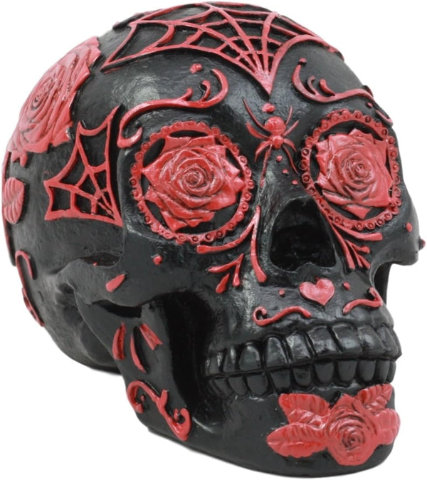 Ebros Day of The Dead Spider Web Floral Red Rose Skull Figurine - DOD Floral Black Sugar Skull Statue 5" L