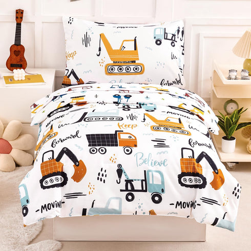 PERFEMET 4 Piece Boys Twin Bedding Sets Car Printed on White Kids