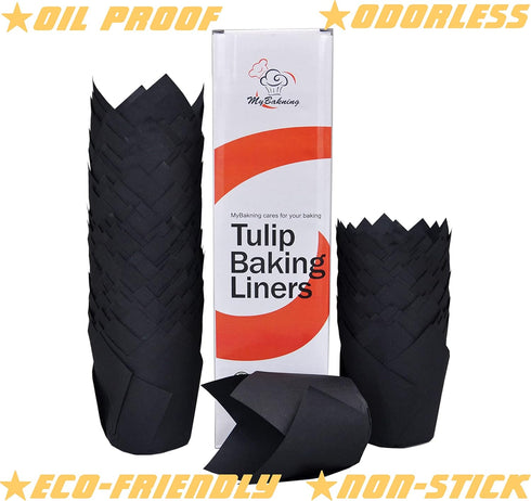 Black Large Tulip Baking Cups - 2-1/4" Base Diameter x 4" Wall Height, Parchment Paper Cupcake Liners, 130 pcs