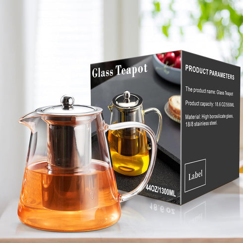 PARACITY Glass Teapot Stovetop 44 OZ, Borosilicate Clear Tea Kettle with Removable Stainless Steel Infuser for Tea