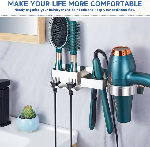 Hair Dryer Holder Wall Mounted, Stainless Steel Hair Tool Organizer, Adhesive Blow Dryer Holder with Curling Iron