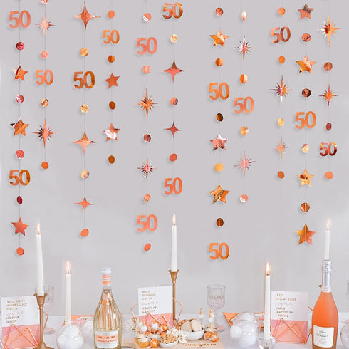 Rose Gold 50th Birthday Decorations - Number 50 Circle Dot Twinkle Star Garland for 50th Anniversary Party