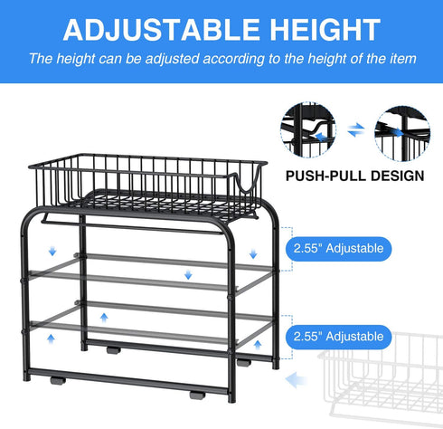 AIYAKA Pull-out Cabinet Organizer, Stackable 2-tier Under Sink Rack with Sliding Storage Drawer for Bathroom, Kitchen,