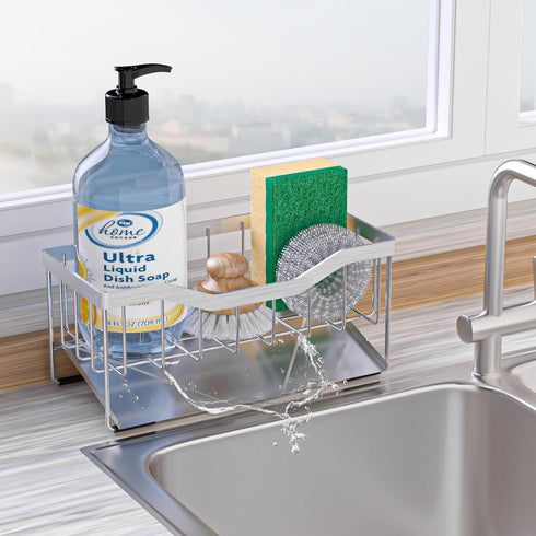 Vanwood Sponge Holder for Kitchen Sink with Auto Draining Tray, Sink Caddy