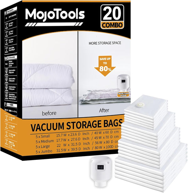 Vacuum Storage Bags with Electric Air Pump, 20 Pack (5 Jumbo, 5 Large, 5 Medium, 5 Small) for Clothes, Blankets, Travel