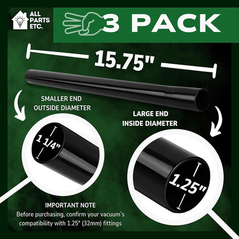 1.25 Inch Vacuum Extension Wands, 32mm Vacuum Accessories, 15.75" Extension Wand for Shop Vac, 3 Pack