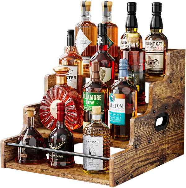KLM Liquor Bottle Display Shelf, Coffee Syrup Rack Organizer, 4 Step Countertop