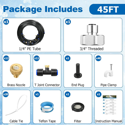 Mellbree 45FT/14M, 12 Nozzles 3/4" Misters for Outside Patio Pre-Assembled Misting Cooling System with Brass & Adapter