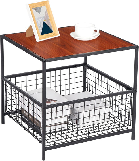 Nouva 20 Inch 2-Tier End Table, Square Side Table w/Mesh Storage Basket, Nightstand Storage Shelf Metal Frame