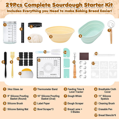 9" 10" 34oz HK Sourdough Starter Kit with Round & Oval Banneton Proofing Basket and Starter Jar - Beginner-Friendly