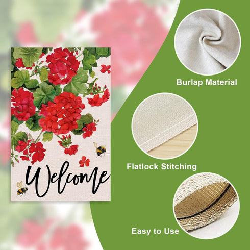 Welcome Spring Geranium Decorative Garden Flag, Red Floral Flowers Bee Yard Outside Decorations, 12 x 18