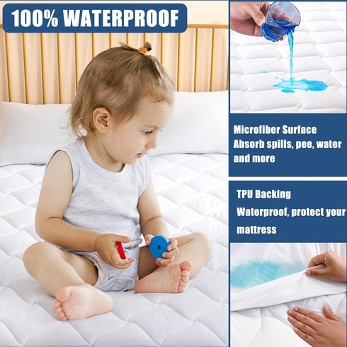 Full Size Quilted Waterproof Mattress Pad, Breathable Cooling Protector, 21 Inches Deep Pocket, Noiseless Cover