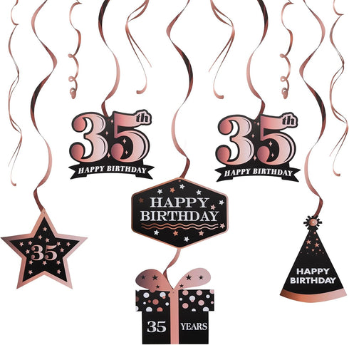 LINGTEER Happy 35th Birthday Decorations, 12 Pcs Black & Rose Gold Foil Swirls Streamer Set for 35 Years Old