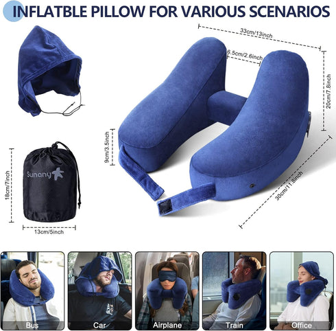 Sunany Neck Pillow for Travel - Inflatable Airplane Pillow with Soft Velour Cover and Portable Drawstring Bag (Blue)