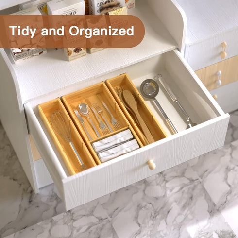 Bamboo Drawer Organizer Box, 12.5'' X 12.5'' X 2'', Adjustable 3 Individual Storage Containers for Kitchen