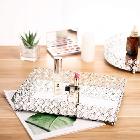 Feyarl Crystal Vanity Makeup Tray, Ornate Jewelry Trinket Organizer, 12" x 8" Silver Decorative Tray
