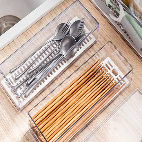 Large Transparent Flatware Tray, Kitchen Drawer Organizer with Lid and Drainer, Plastic Cutlery Storage Container