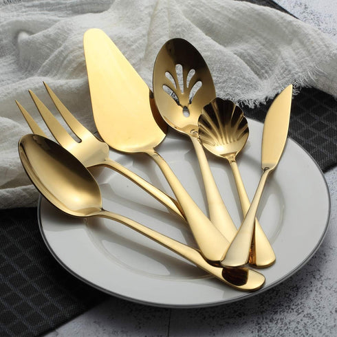 Berglander Stainless Steel Titanium Plated Flatware Serving Set, 6 Pieces, 45 Pieces Flatware with 1 Cake Server