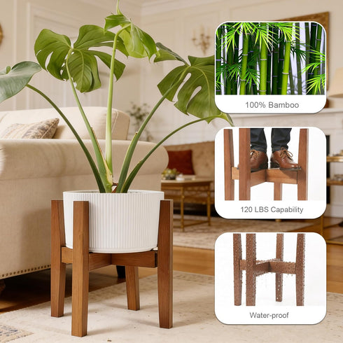 Lissomballon 8-12 Inch Natural Bamboo Plant Stand Indoor, Adjustable Plant Shelf Indoor Fits Pots, Mid Century Modern