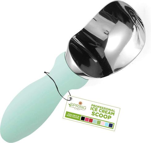 Spring Chef Stainless Steel Ice Cream Scoop, Heavy Duty Kitchen Tool with Soft Grip Handle, Mint