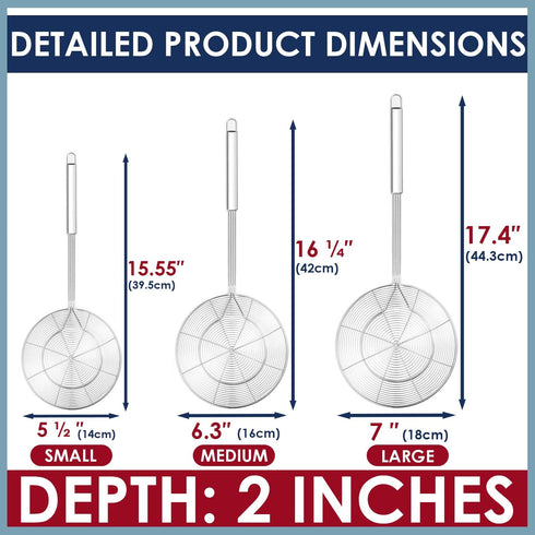 Stainless Steel Spider Strainer Skimmer Spoon Set of 3, Solid Wire Asian Ladle Pasta Strainer with Long Handle