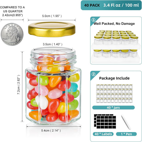 40 Pack 3 Oz Ritayedet Small Glass Honey Jars with Lids for Wedding Favor, Baby Showers, Airtight Glass Canning Jars