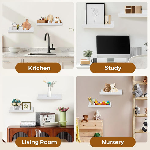 12" Set 2 Muzilife Small Floating Wall Ledge Shelves with Lip - of Wood Floating Shelves - White Wall Mounted Picture