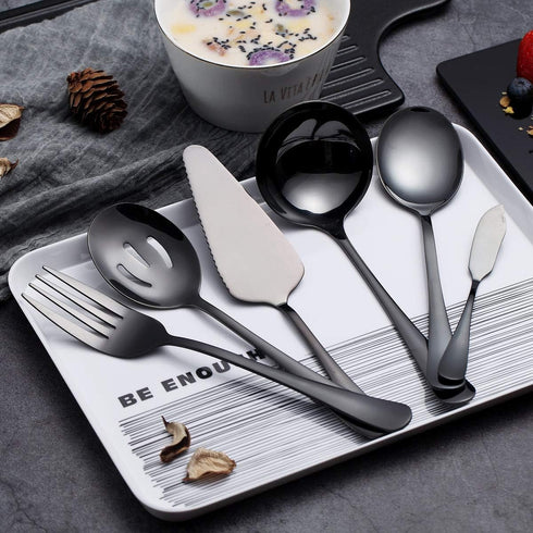 HOMQUEN 6-Piece Black Serving Flatware Set, Stainless Steel Utensil Set with Cake Server, Soup Ladle