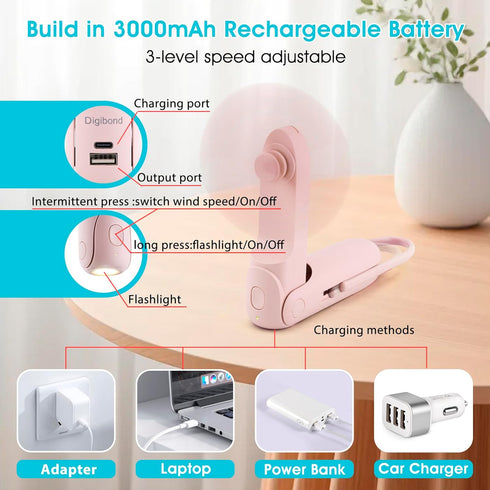 Pink Handheld Fan, Portable Bullet Shape 3000mAh USB Rechargeable 6 IN 1 Personal Fan for Travel