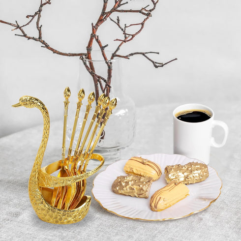 14 Pack Swan Base Holder with Coffee Spoons & Forks, Gold Dessert Flatware Set for Mixing, Stirring, Serving