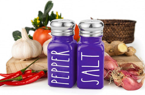 Purple Salt and Pepper Shakers Set by Brighter Barns, Modern Farmhouse Kitchen Decor with Glass Shakers & Lids