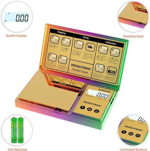 Shiny Digital Gram Scale 200g x 0.01 by WEIGHTMAN, Chrome Rainbow Mini Scale for Food